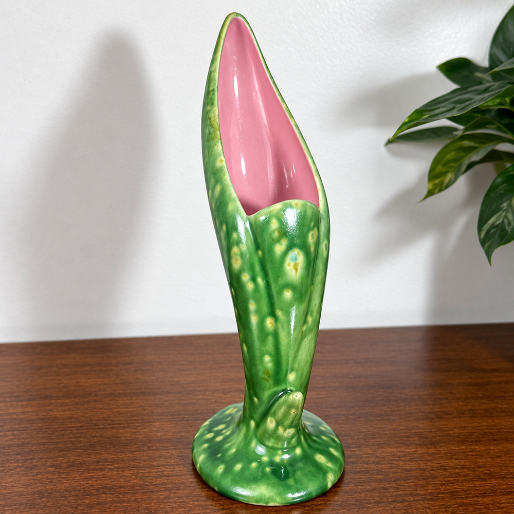 Vintage Green & Pink Calla Lily Leaf Vase Mottled Ceramic Art Pottery 8"